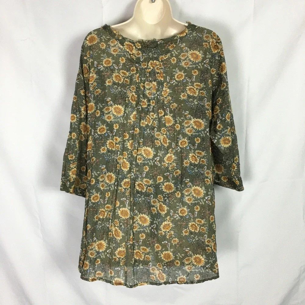 Natural Life Sunflower Butterfly Cotton Tunic Top L/XL Olive Green Boho Frayed